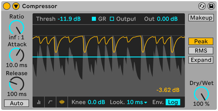 Ableton Live 12 compressor interface in expanded view